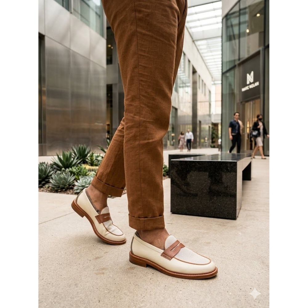 Marc Nolan Calum Cream Cognac Mesh Leather Penny Loafers Mens 11